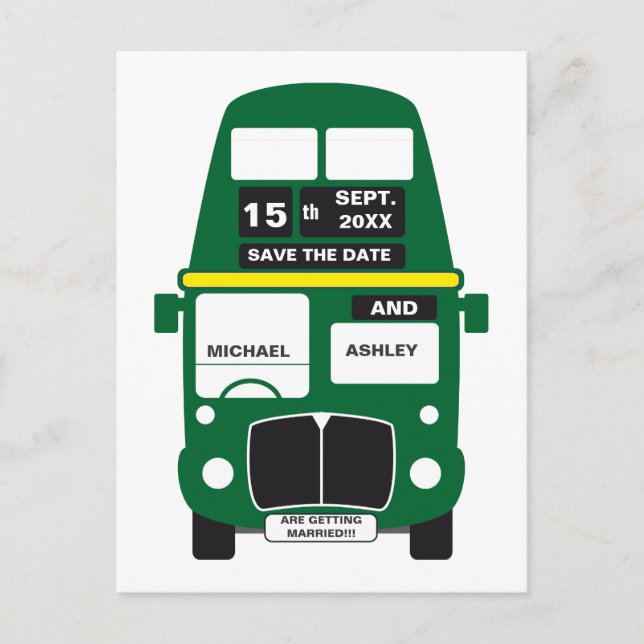 Green Bus Save the date postcard (Front)