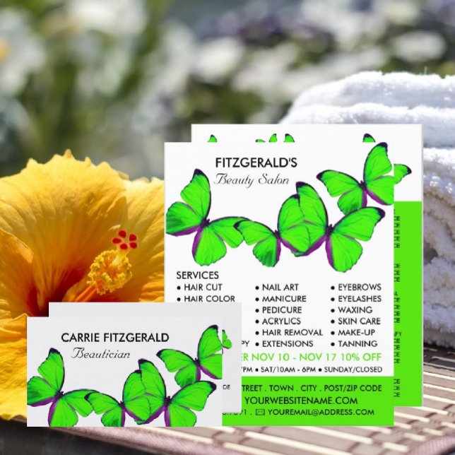 Green Butterflies, Beautician, Beauty Salon Business Card (Creator Uploaded)