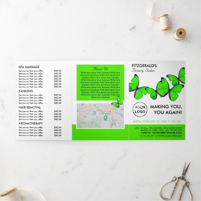 Green Butterflies, Beauty Salon Tri-Fold Flyer (Outside)