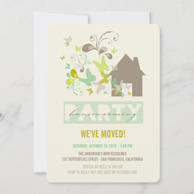 Green Butterflies Burst House Warming Party Invite (Front)