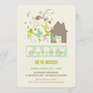Green Butterflies Burst House Warming Party Invite