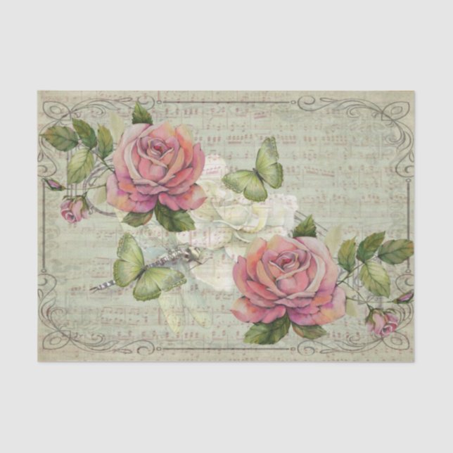 Green Butterflies in a Pink Rose Wonderland Tissue Paper (Front)