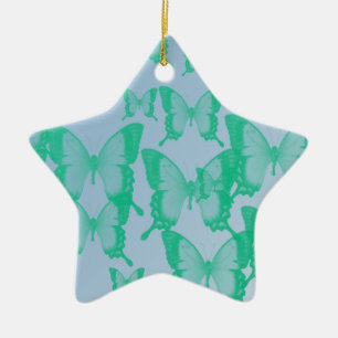 green butterflies in blue background ceramic tree decoration