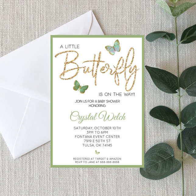 Green Butterfly and Glitter Baby Shower Invitation (Creator Uploaded)