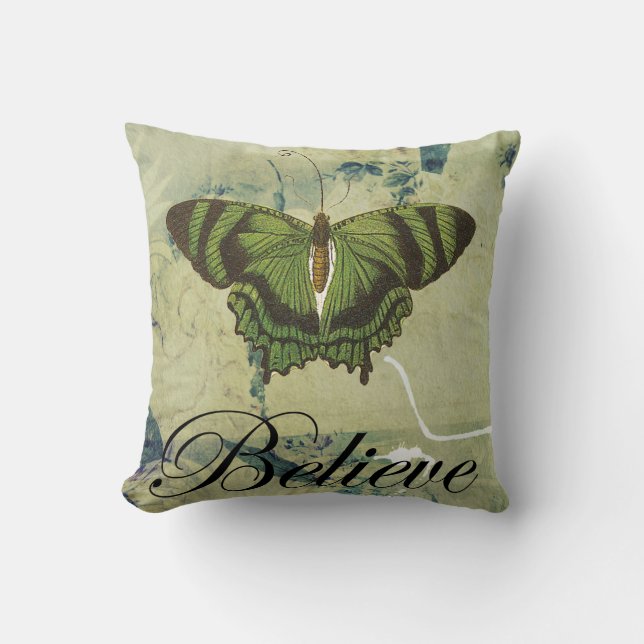 Green Butterfly Believe Throw Pillow (Front)