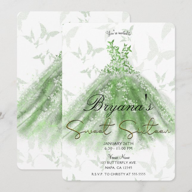 Green Butterfly Dance Dress Sweet 16 Party  Invitation (Front/Back)