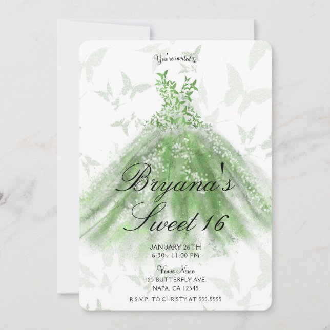 Green Butterfly Dance Dress Sweet 16 Party   Invitation (Front)