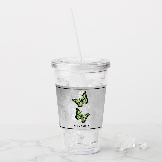 Green Butterfly Floral Personalised Acrylic Tumbler (Front Ice)