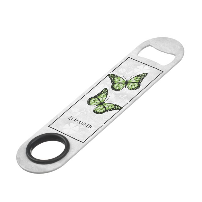 Green Butterfly Floral Personalised Bar Key (Front Angled)
