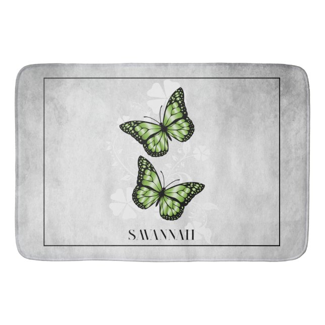 Green Butterfly Floral Personalised Bath Mat (Front)