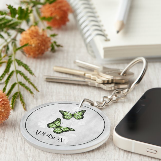 Green Butterfly Floral Personalised Keychain (Front Right)