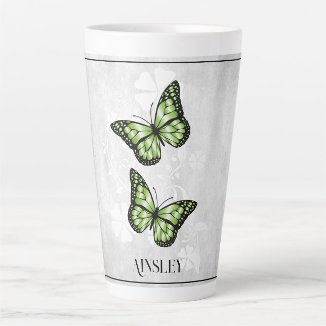 Green Butterfly Floral Personalised Latte Mug (Front)