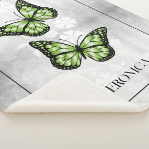 Green Butterfly Floral Personalised Sherpa Blanket