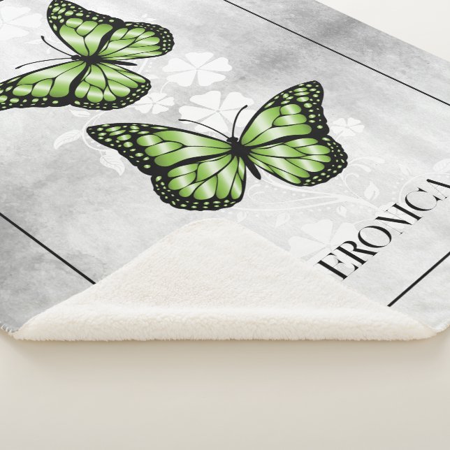 Green Butterfly Floral Personalised Sherpa Blanket (3/4)