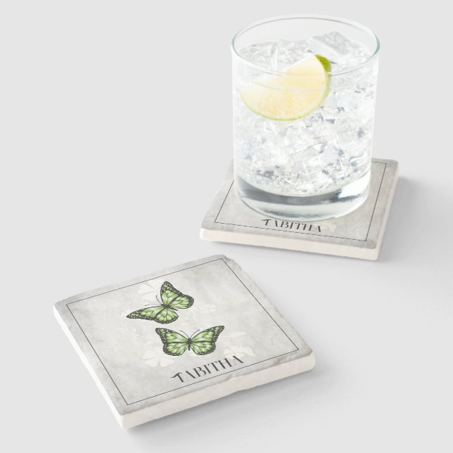 Green Butterfly Floral Personalised Stone Coaster (Side)