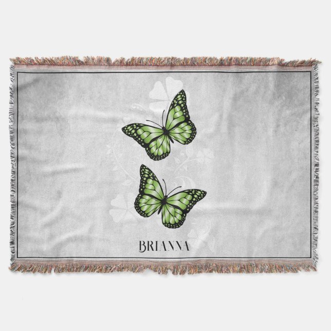 Green Butterfly Floral Personalised Throw Blanket (Front)