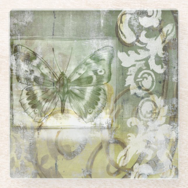 Green Butterfly Inset with Ironwork Gate Glass Coaster (Front)