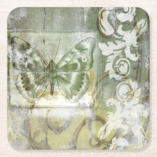 Green Butterfly Inset with Ironwork Gate Square Paper Coaster