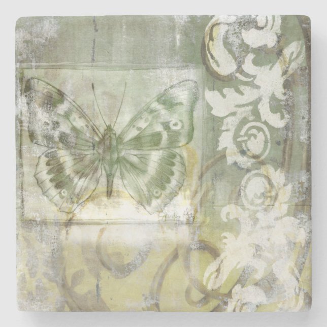 Green Butterfly Inset with Ironwork Gate Stone Coaster (Front)