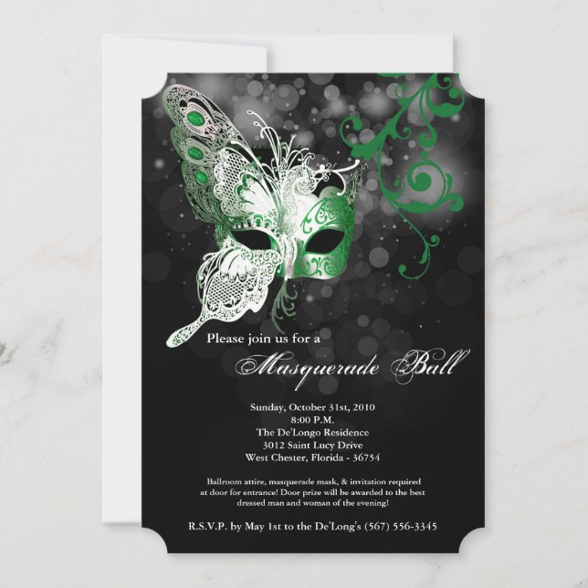 Green Butterfly Masquerade Mask Costume Halloween Invitation (Front)