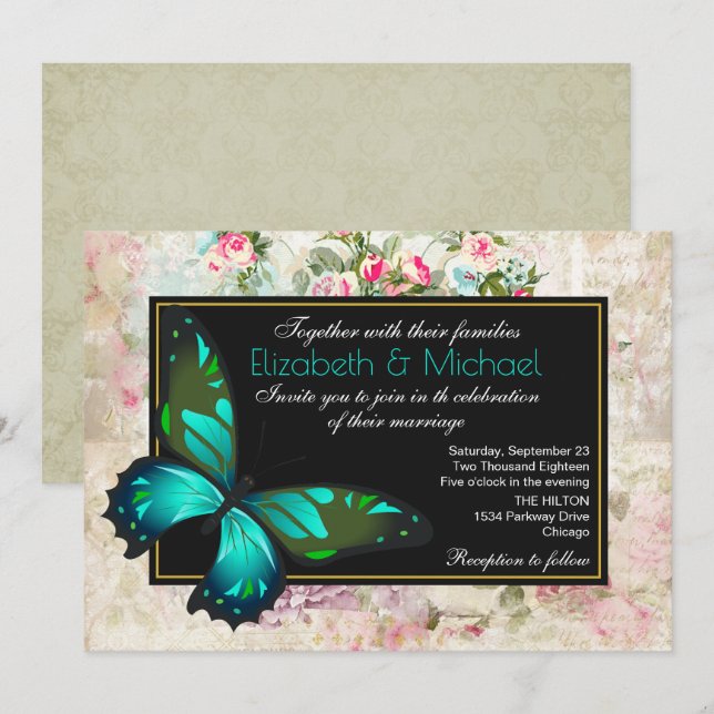 Green Butterfly on a Vintage Collage Wedding Invitation (Front/Back)