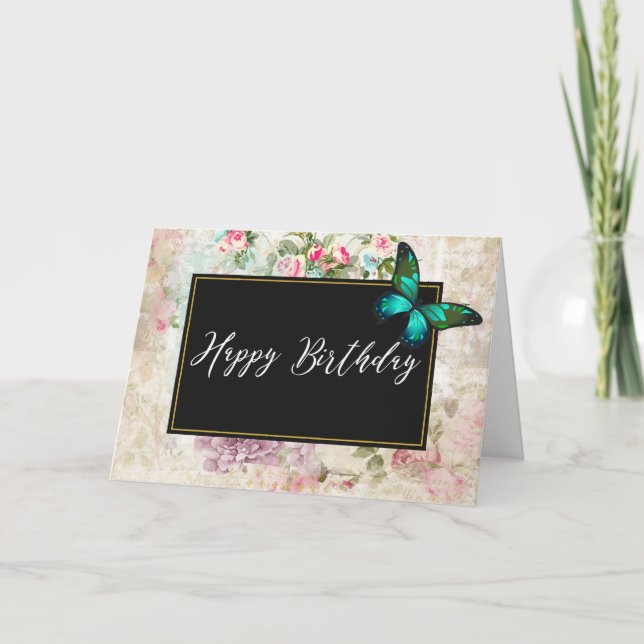 Green Butterfly on Chic Vintage Collage Birthday Card (Front)