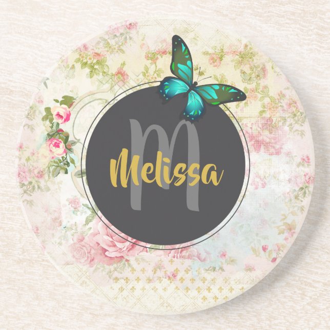 Green Butterfly on Chic Vintage Collage Monogram Coaster (Front)