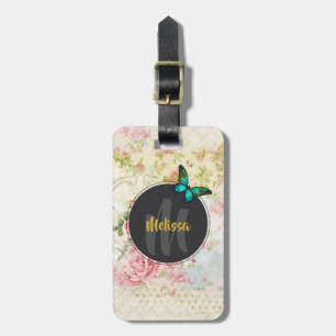 Green Butterfly on Chic Vintage Collage Monogram Luggage Tag