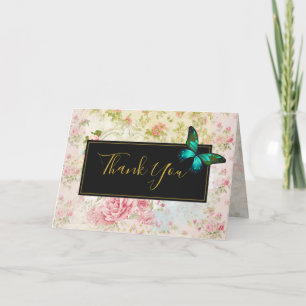 Green Butterfly on Chic Vintage Collage Thank You Card
