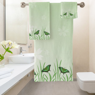 Green butterfly on light green - romantic bath towel set