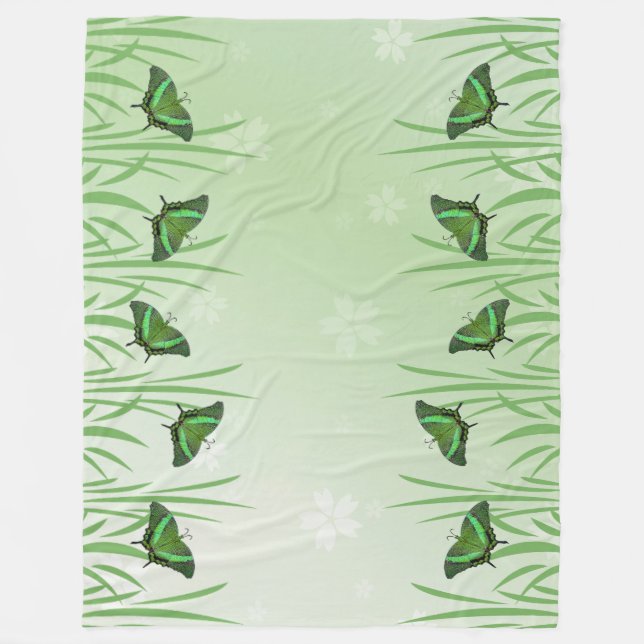 Green butterfly on light green  - romantic     fleece blanket (Front)
