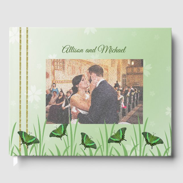Green butterfly on light green - wedding guest book (Front)
