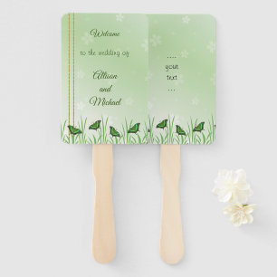 Green butterfly on light green - wedding hand fan