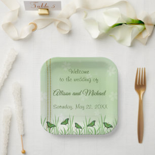 Green butterfly on light green - wedding paper plate