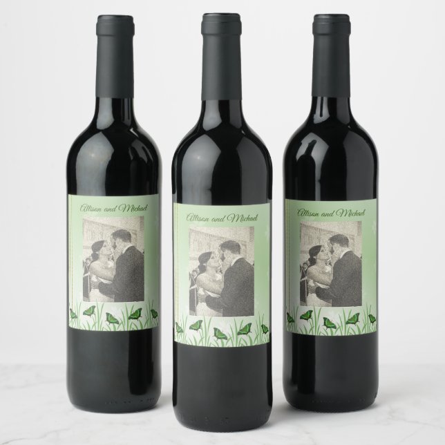 Green butterfly on light green - wedding wine label (Bottles)