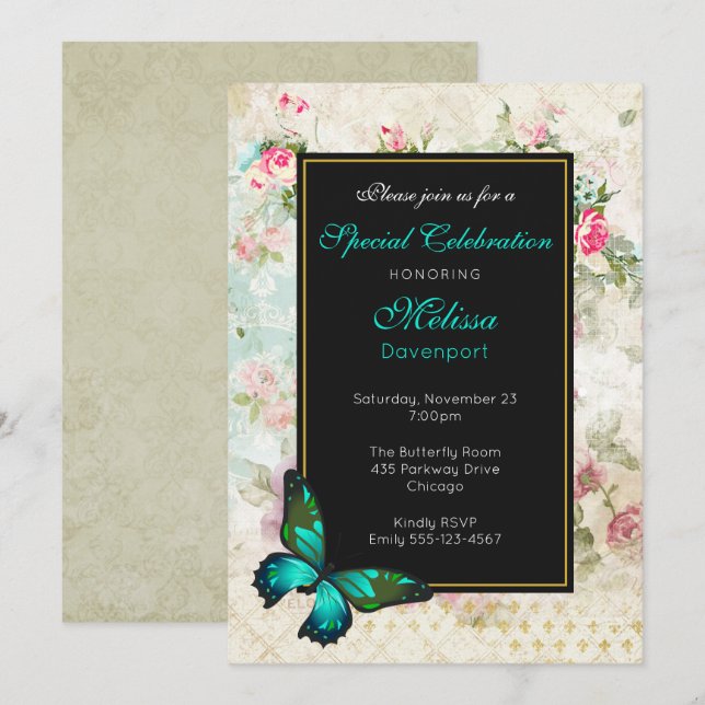 Green Butterfly on Pink Roses Collage Event Invite (Front/Back)