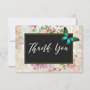 Green Butterfly on Pink Roses Collage Thank You