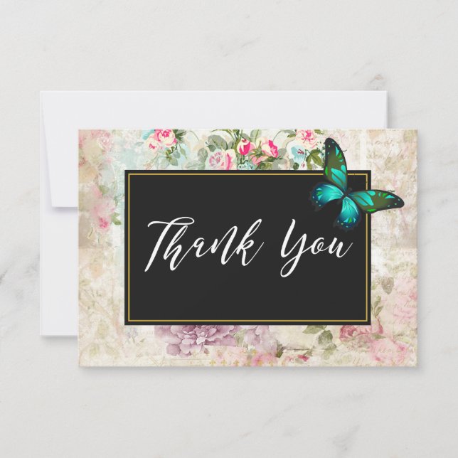 Green Butterfly on Pink Roses Collage Thank You Card (Front)