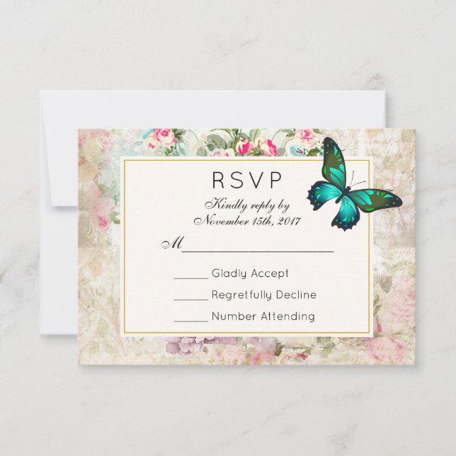 Green Butterfly on Vintage Collage Wedding RSVP (Front)