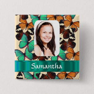 Green butterfly pattern photo template 15 cm square badge