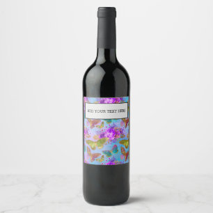 Green Butterfly Purple Rose Garden Pattern Wine Label
