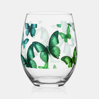 Green Butterfly Stemless Wine Glass