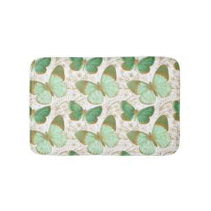 Green Butterfly White Floral Flower Blossom Bath Mat