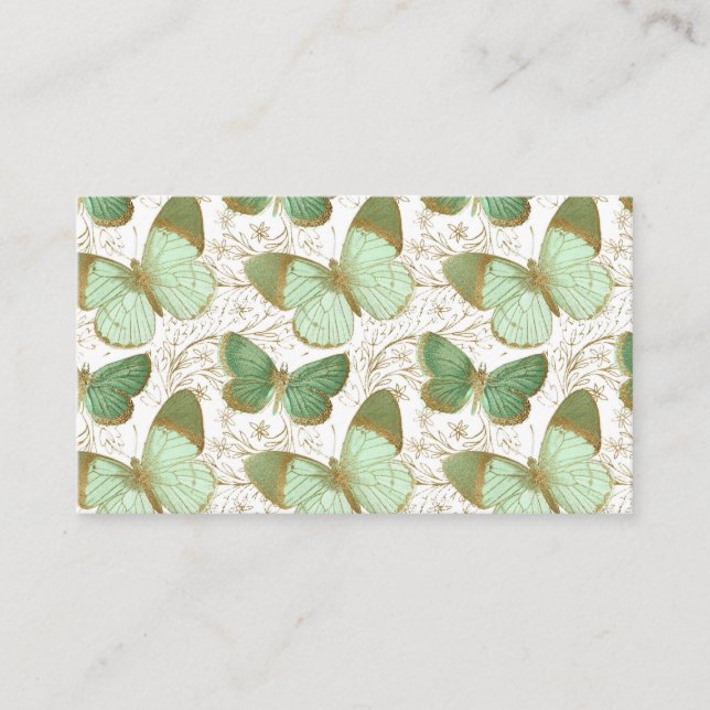 Green Butterfly White Floral Flower Blossom Business Card (Front)