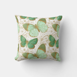 Green Butterfly White Floral Flower Blossom Cushion