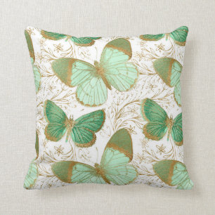Green Butterfly White Floral Flower Blossom Cushion