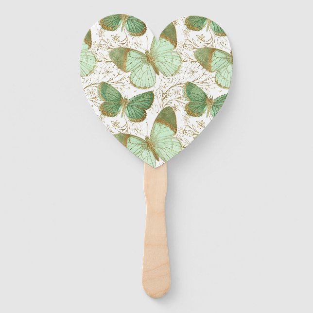 Green Butterfly White Floral Flower Blossom Hand Fan (Front)