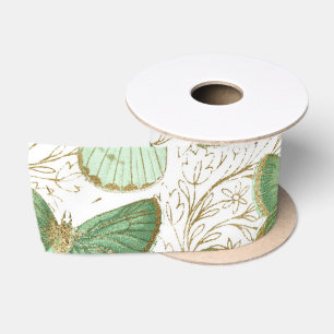 Green Butterfly White Floral Flower Blossom Satin Ribbon