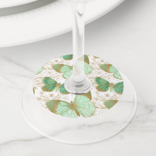 Green Butterfly White Floral Flower Blossom Wine Glass Tag