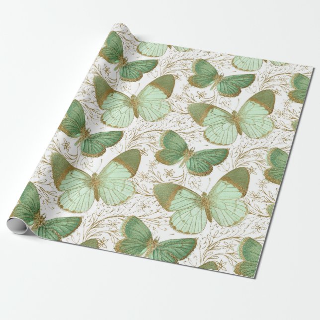 Green Butterfly White Floral Flower Blossom Wrapping Paper (Unrolled)